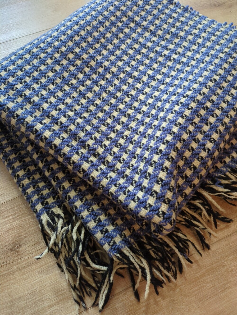 Vintage Goodwin Weavers Houndstooth Blue Black White Fringed Wool Blanket AS IS